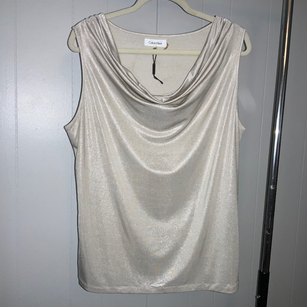 Calvin Klein cream shimmer drape front top Sz XL sleeveless career